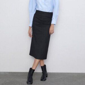 Gray Zara Gathered Ruched Pencil Midi Skirt (NWT)